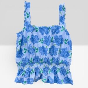 Draper James RSVP Smocked Peplum Ruffled Sleeveless Top- White/Blue Floral XL